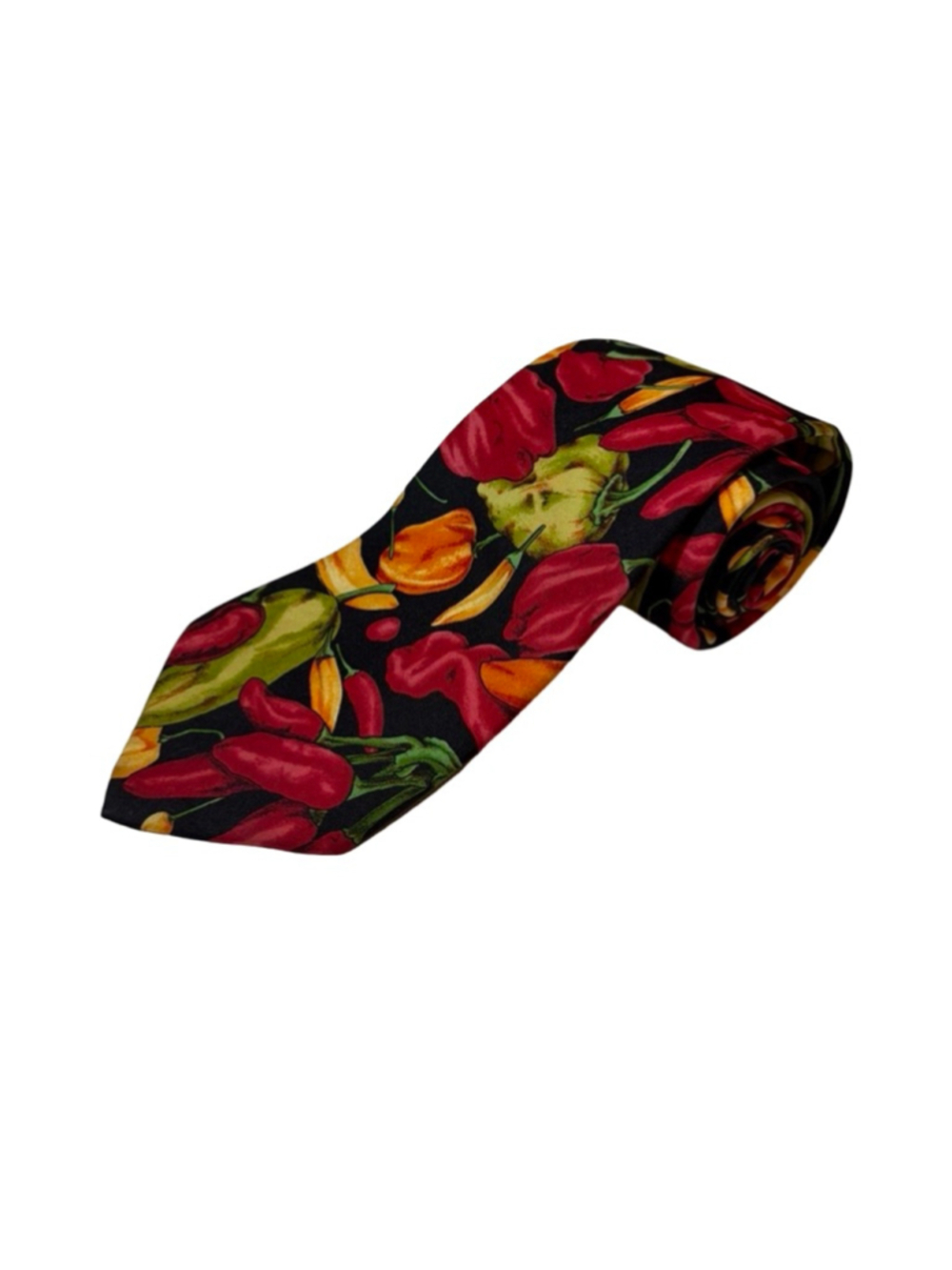 Lands’ End Silk Tie Chili Pepper Novelty Print Black Red USA Mens
